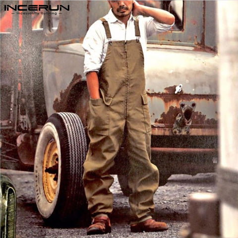 Fashion Men Cargo Overalls Loose Streetwear Pockets Solid Color Chic Suspenders Rompers Cotton Men Bib Pants Jumpsuits INCERUN 7